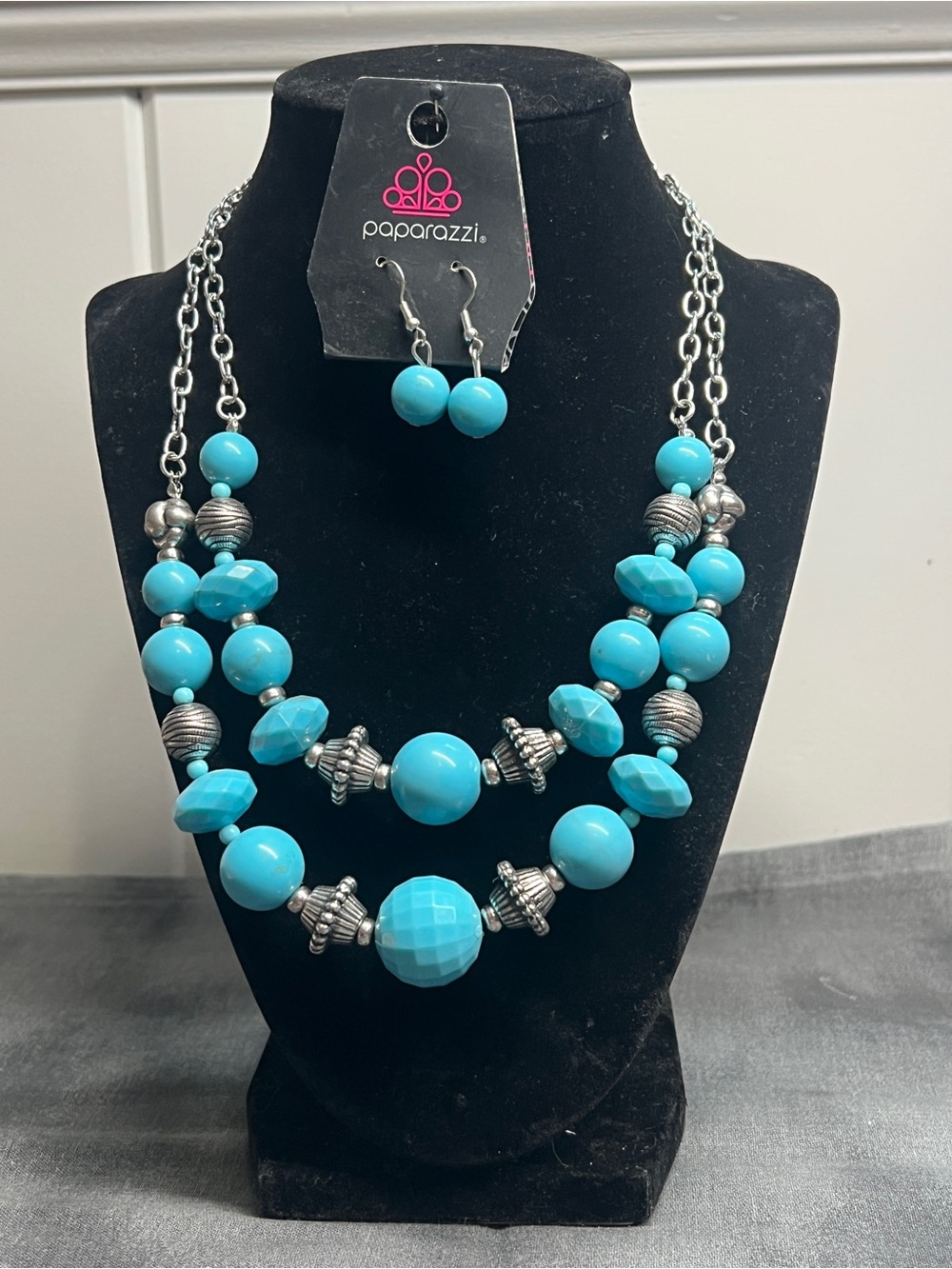 Paparazzi Bright Turquoise Multi-Strand Beaded Necklace with Earrings